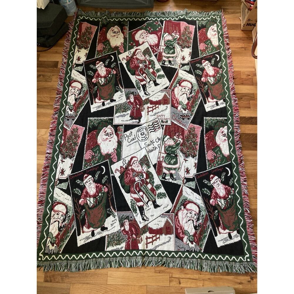 Goodwin Weaver Post Card Santa Around the World Christmas Tapestry Throw Blanket